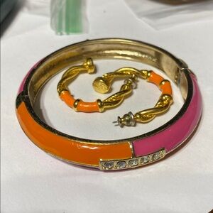 CUTE Orange & pink enamel Goldtone & rhinestone clamper bracelet & earrings set
